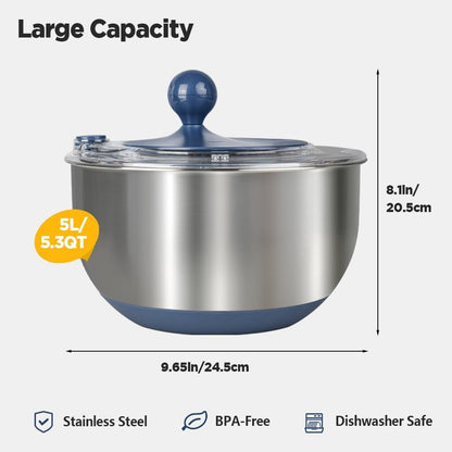 Premium 304 Stainless Steel Salad Spinner, Large 5.3 Qt Capacity, Easy to Use Lettuce Spinner, Fruit and Vegetable Washer and Dryer Spinner, Green