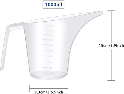 Fireboomoon 4 Pack Plastic Funnel Pitcher,Large Capacity Long Spout Measuring Cup for Bakeware Molds,Pancake,Batter,Muffin,Cakes,Soap Making(4 Cups/32 Ounces/1000 ml)