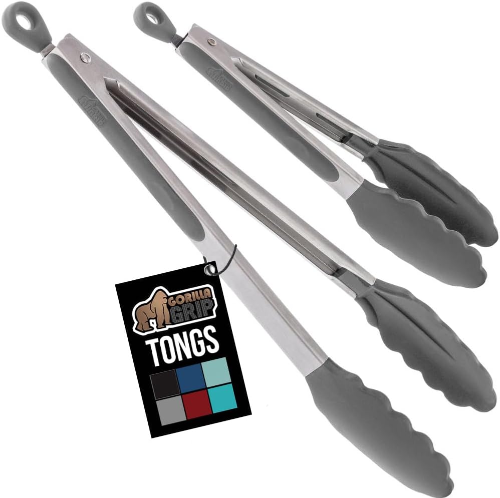 GORILLA GRIP Stainless Steel Heat Resistant Kitchen Tongs for Cooking, Set of 2 BBQ Tong, Non Scratch Silicone Tip for Pans, Strong Grip, Grab Food, Toss Salad, Air Fryer, Pull Lock, 7 + 9 Inch, Black
