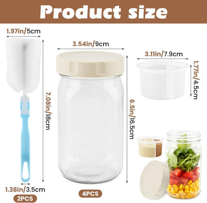 4 Pack Glass Salad Jars with Lids Meal Prep, 32oz Leakproof Mason Jar Salad Container for Lunch With 2pcs Brushes, Two Small Separate Compartments for Dressing and Dry Ingredients