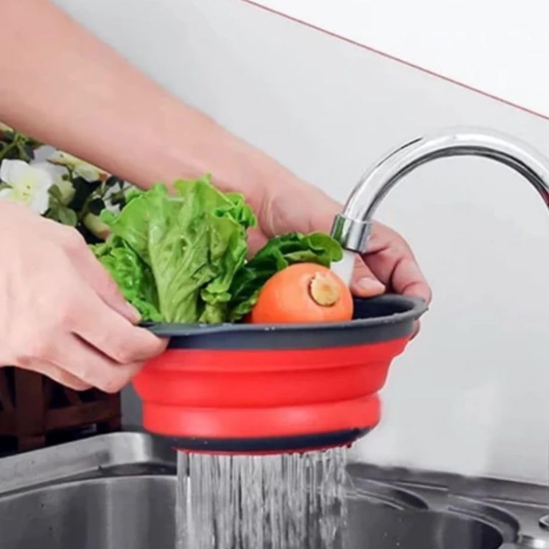 CRG Red Folding Kitchen Strainer Bowl – Portable Collapsible Colander for Pasta, Rice, Vegetables and Fruit – Compact Food Washer for Small Apartment, Dorm or RV Cooking Essentials