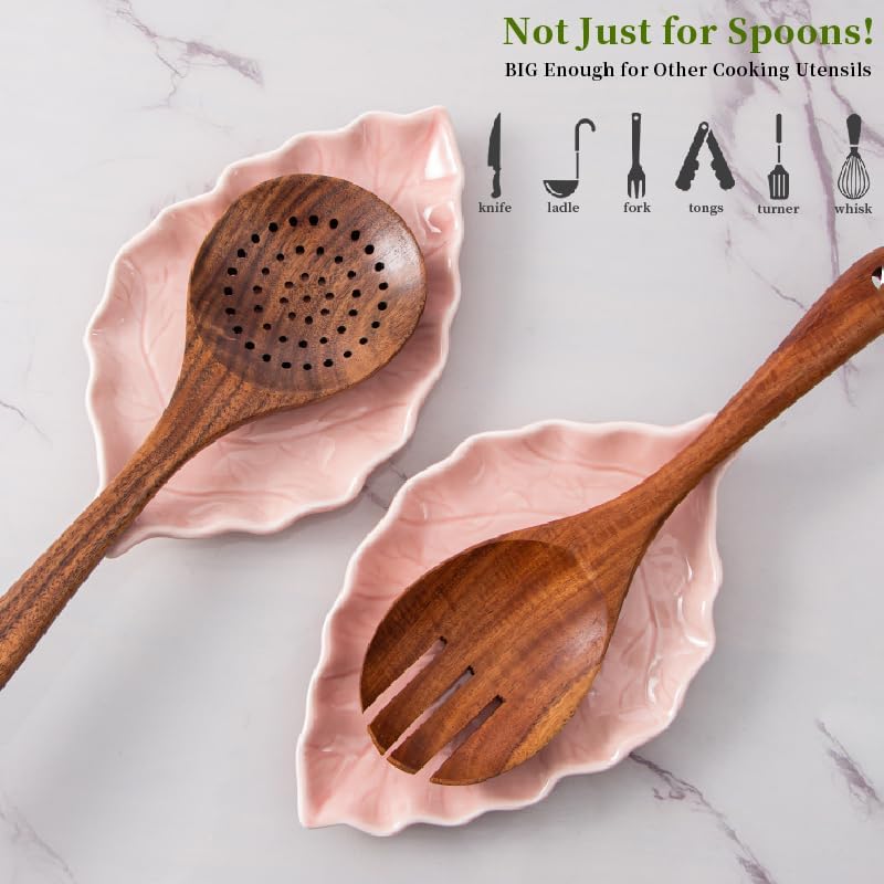 Ceramic Leaf Shape Spoon Rest for cooking, Cute Green Cooking Spoon Holder for Stove Top,Large Porcelain Spatula Rest for Kitchen Counter, Farmhouse Kitchen Decor (green)