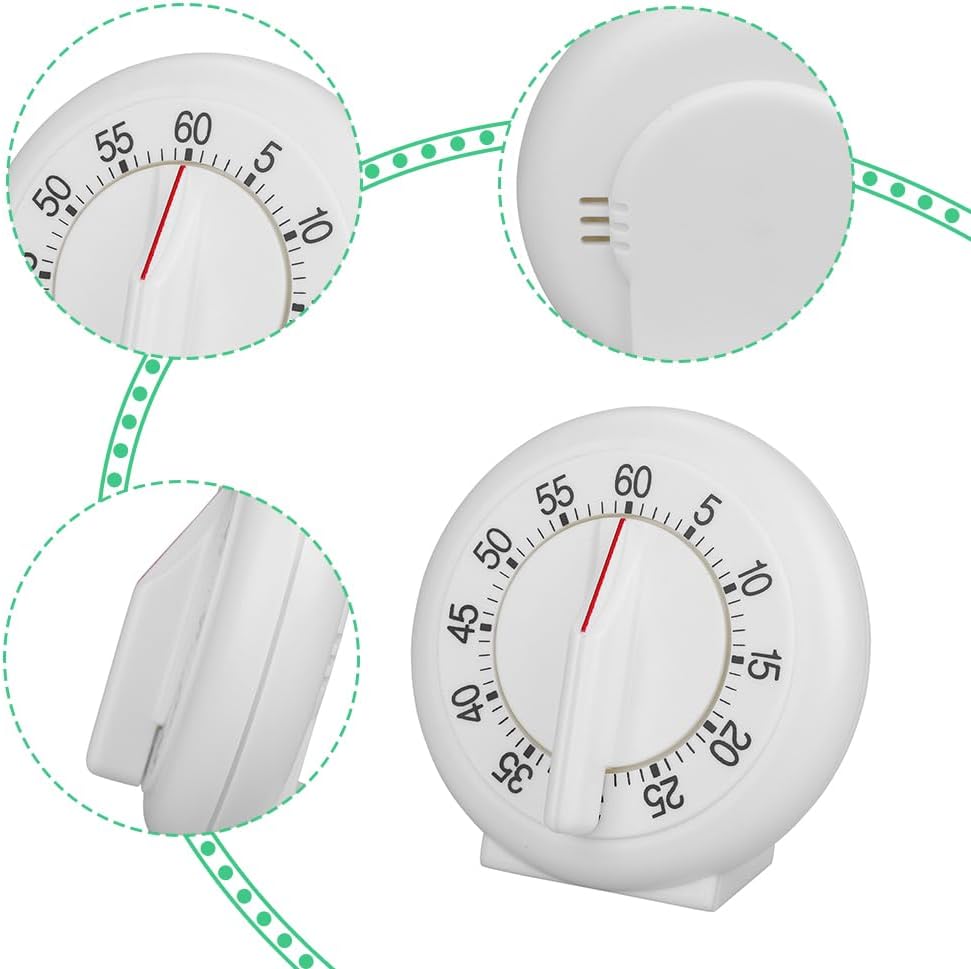 Kitchen Timer Manual, 60 Minutes Round Shape Timer Cooking Ring Mechanical Counter Alarm Clock Wind Up Timers Home Egg Baking Steaming Visual Countdown Teacher Exercising Meeting White