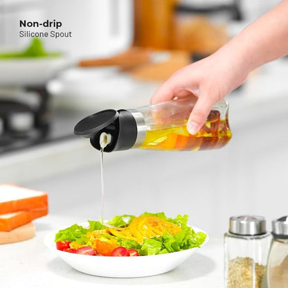 Premium Glass Olive Oil and Vinegar Dispenser Bottles Set, 2-Piece 16oz Kitchen Cooking Cruet with Auto-Open Lid, Non-Drip Pouring Spout, Oil Infuser Filter, Dishwasher Safe