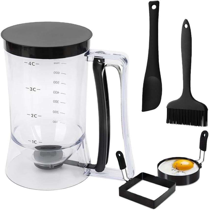 Complete Pancake & Cupcake Batter Dispenser Set - 4 Cup Capacity with Silicone Spatula, Basting Brush & Egg Rings - BPA Free All-In-One Breakfast & Baking Kitchen Tool for Home Cooking