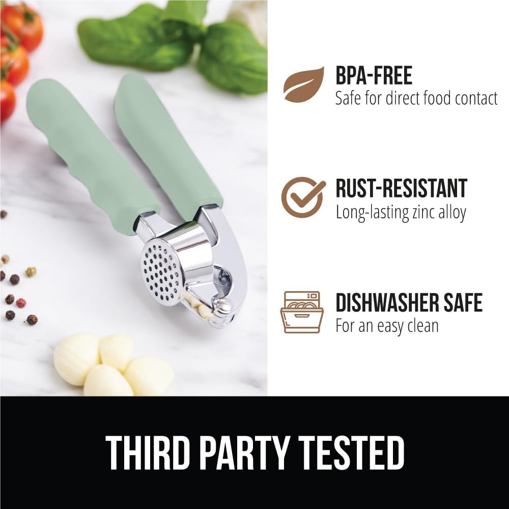GORILLA GRIP Garlic Press and Peel Set, Heavy Duty Mincer Tool, Large Ergonomic Handle, Easily Mince and Crush Garlics, Ginger, Nuts, Seeds, Peeler Included, Peeling Cloves, Kitchen Gadgets, Red