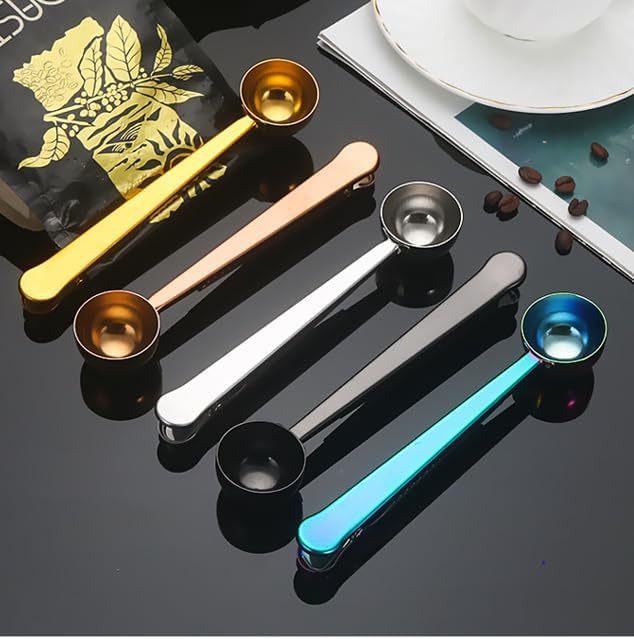 4 Pack Coffee Scoop Clip,6 3/4 inch Long Handle Coffee Measuring Spoon,15 ml Stainless Steel Scoop with Bag Clip for Coffee,Tea,Sugar,Flour,Protein Powder, Instant Drinks and More (4, Multicolor)