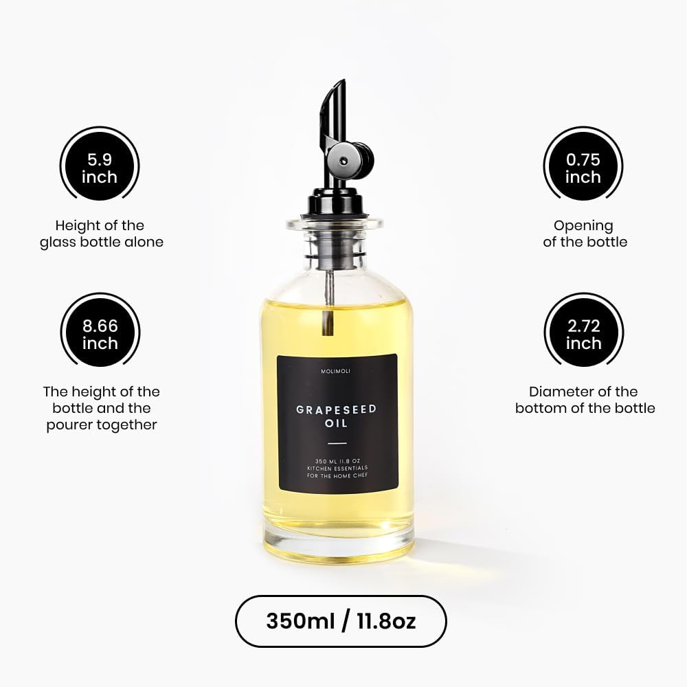 Molimoli - Premium Olive Oil Dispenser Bottles for Kitchen with Pourer - Oil and Vinegar Dispenser Set, Glass Dispenser for Kitchen, Dispenser Bottle of 350ml - Set of 2