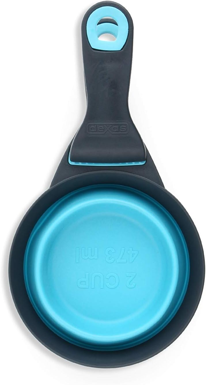 Dexas Popware for Pets Collapsible Klip Scoop, 3 in 1 Design Convenient Measuring Cup, Food Scooper and Bag Clip, 1Cup Capacity Pet Food Scoop, Versatile Food Measuring Cups Portion Control Gray/Blue