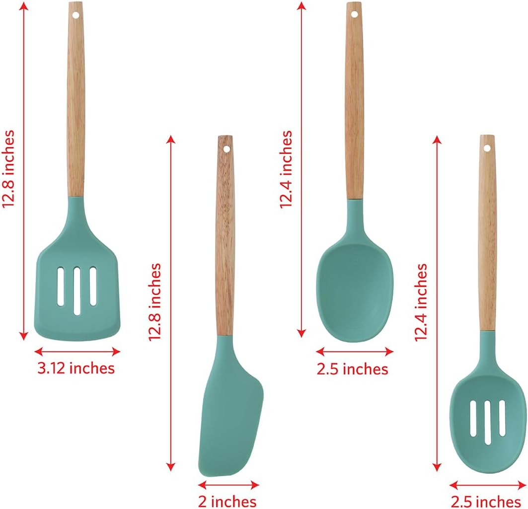 Glad Silicone Kitchen Utensils Set, 8pcs - Nonstick Cooking Tools with Wooden Handles and Utensil Holder - Spatula Set with Turner, Ladle, Spoons, Tongs, and Spaghetti Server - Beige