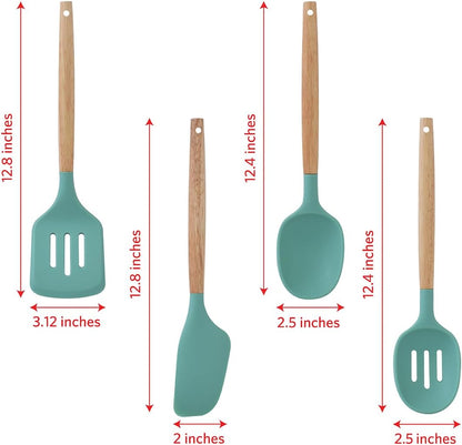 Glad Silicone Kitchen Utensils Set, 8pcs - Nonstick Cooking Tools with Wooden Handles and Utensil Holder - Spatula Set with Turner, Ladle, Spoons, Tongs, and Spaghetti Server - Beige