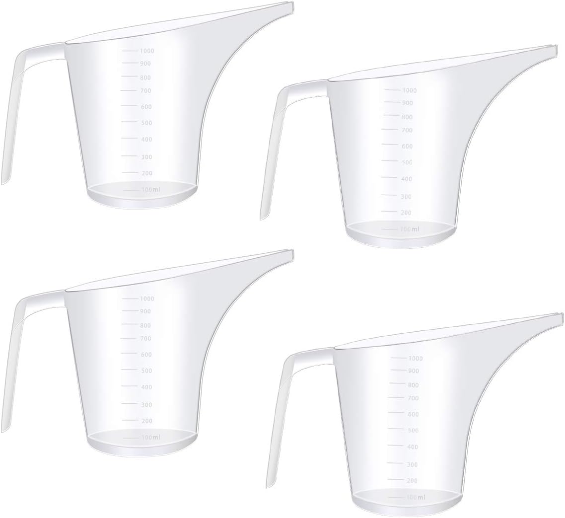 Fireboomoon 4 Pack Plastic Funnel Pitcher,Large Capacity Long Spout Measuring Cup for Bakeware Molds,Pancake,Batter,Muffin,Cakes,Soap Making(4 Cups/32 Ounces/1000 ml)