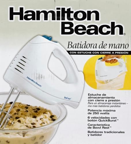 Hamilton Beach 6-Speed Electric Hand Mixer with Whisk, Traditional Beaters, Snap-On Storage Case, 250 Watts, White