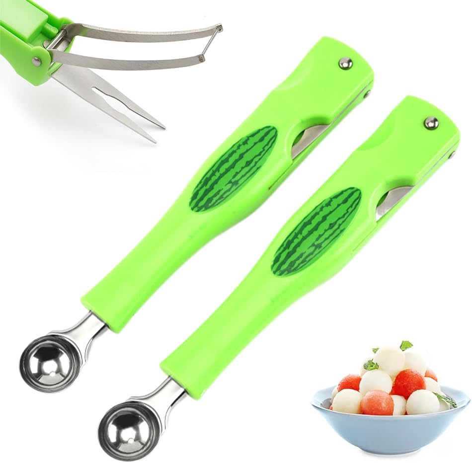 Watermelon Cutter Slicer, 3-in-1 Watermelon Slicer Cutter Tool Melon Baller Scoop Fruit Fork, Fruit Slicer Ice Scoop Watermelon Knife Fruit Cutter Scooper Fruit Cutting Kitchen Gadget (A# Green)