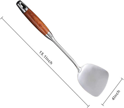 Slotted Spoon,304 Stainless Steel Skimmer Spoon with Heat Resistant Wooden Handle,Silver/15.8Inch
