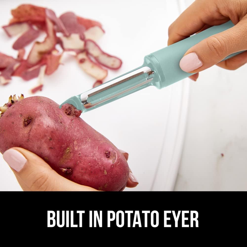 GORILLA GRIP® Patented BPA-Free Vegetable Peeler, Extra Sharp Swivel Stainless Steel Blades with Guard, Comfortable Soft Handle, Easily Peel Carrots or Fruit, Potato Eye Remover, Washer Safe, Black