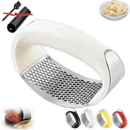 2026 New 430 Stainless Steel Ring Garlic Press – Heavy-Duty Garlic Rocker with Silicone Peeler & Cleaning Brush, Easy-Rinse Stainless Garlic Mincer Tool for Home Kitchens (Red)
