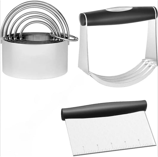 4 Pcs Stainless Steel Biscuit Cutter Set,Including Flour Duster,Pastry Scraper and Dough Blender,Sturdy & Long-Lasting with Ergonomic Rubber Grip,Professional Baking Dough Tools