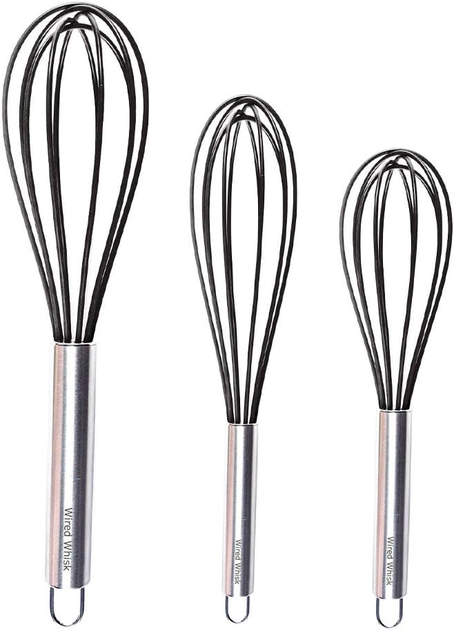 Silicone Whisk Set of 3 - wire whisk for Cooking Non-Scratch - whisks for cooking - Hand Whisk - whisker tool - wisking tool stainless