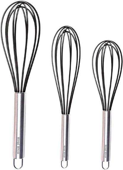 Silicone Whisk Set of 3 - wire whisk for Cooking Non-Scratch - whisks for cooking - Hand Whisk - whisker tool - wisking tool stainless