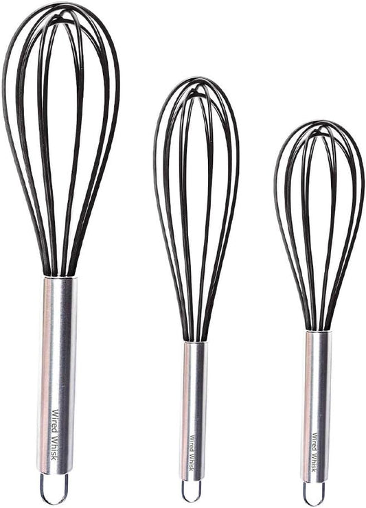 Silicone Whisk Set of 3 - wire whisk for Cooking Non-Scratch - whisks for cooking - Hand Whisk - whisker tool - wisking tool stainless