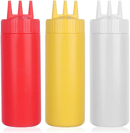 beyonday 3pcs Seasoning Squeeze Bottles, 3 Hole Ketchup Mustard Dressing Squeeze Squirt Bottles, Salad Sauce Condiment Cream Squeeze Bottles for Kitchen Restaurant Bakery (24oz, Multicolor)