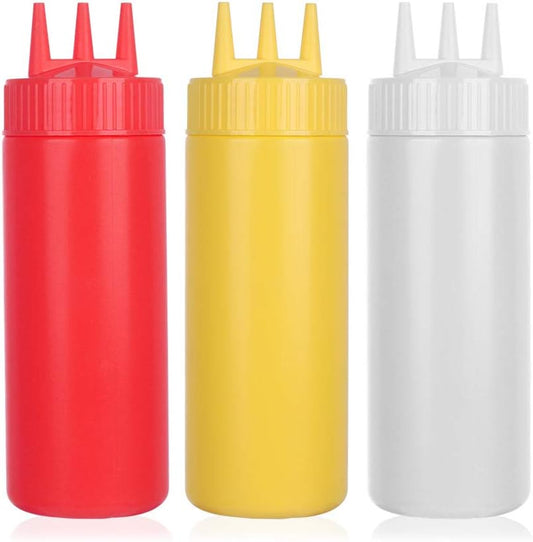 beyonday 3pcs Seasoning Squeeze Bottles, 3 Hole Ketchup Mustard Dressing Squeeze Squirt Bottles, Salad Sauce Condiment Cream Squeeze Bottles for Kitchen Restaurant Bakery (24oz, Multicolor)