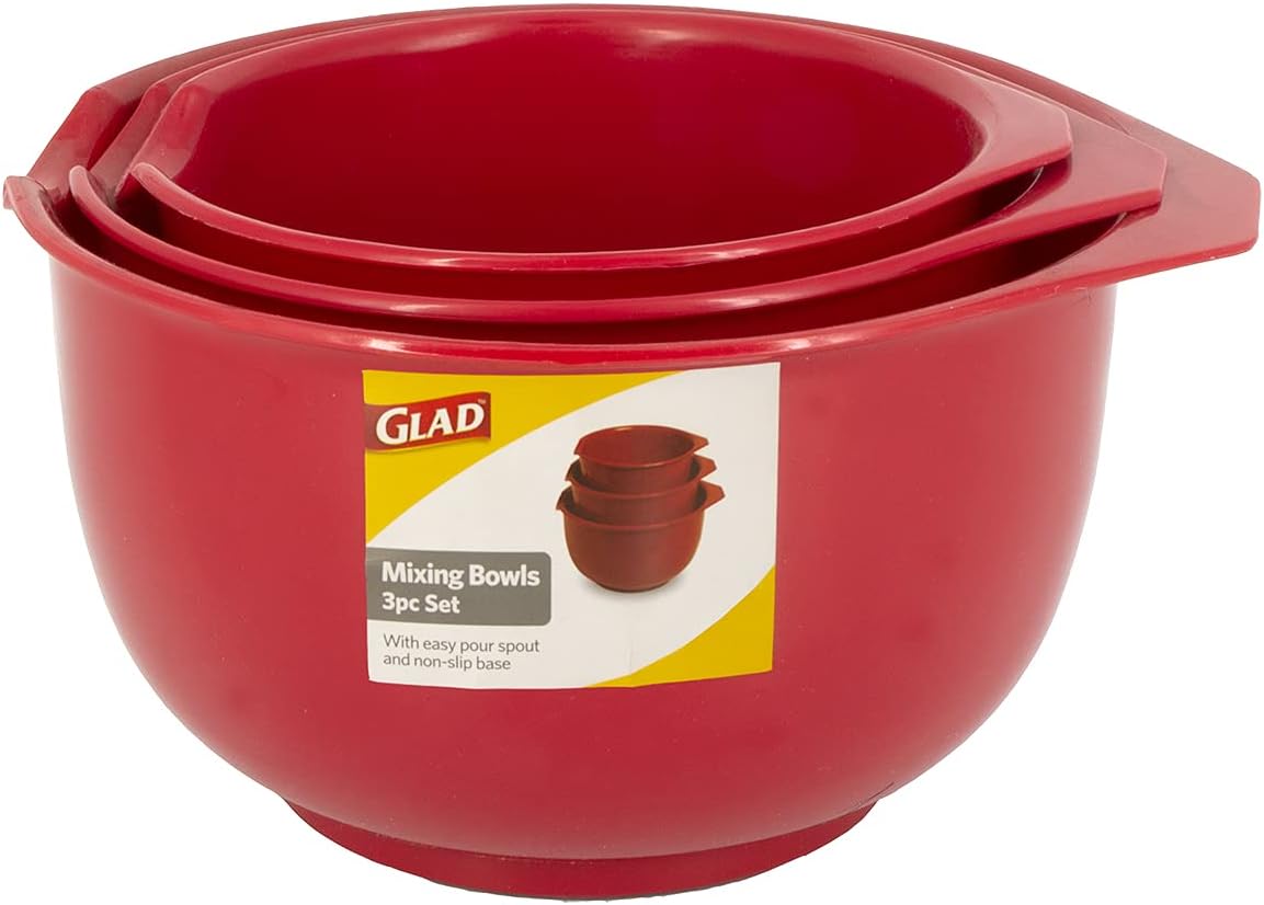Glad Mixing Bowls with Pour Spout, Set of 4 - Nesting Plastic Bowls (1.2qt, 1.9qt, 2.8qt, and 3qt with Handle) - Non Slip Base, Dishwasher Safe Kitchen Cooking and Baking Supplies, Grey