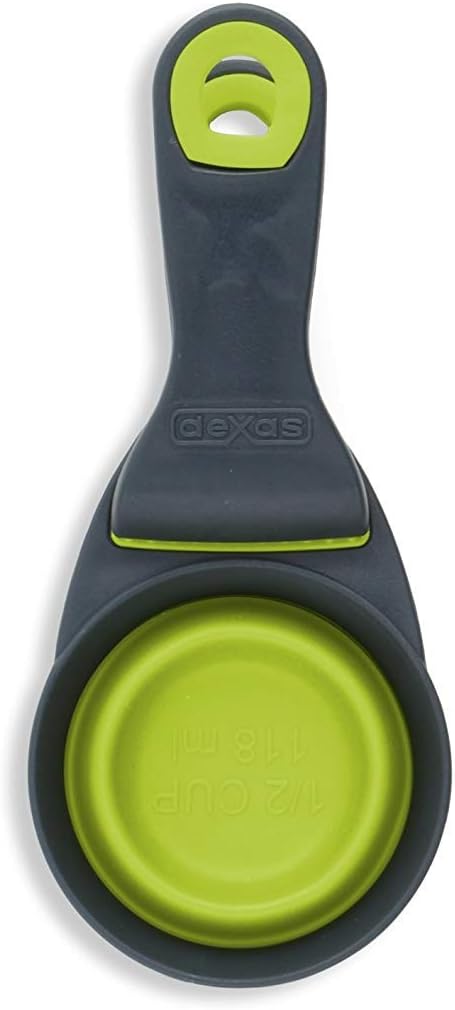 Dexas Popware for Pets Collapsible Klip Scoop, 3 in 1 Design Convenient Measuring Cup, Food Scooper and Bag Clip, 1Cup Capacity Pet Food Scoop, Versatile Food Measuring Cups Portion Control Gray/Blue