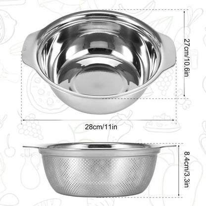 Stainless Steel Microporous Colander for Kitchen, 2.5QT Large Capacity, Colander and Bowl Set of Two, Stainless Steel Drain Basket with Mixing Bowl, for Washing Fruits and Vegetables