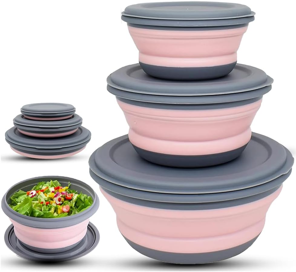 Collapsible Camping Bowl with Lid, Silicone Salad Bowl Serving, Microwave Foldable Soup Ramen Serving for Travel, Picnic, Rv(Blue)