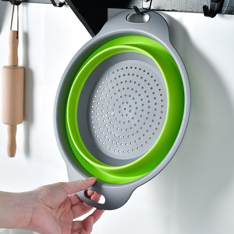 2pcs Collapsible Colander, Round Green Set Folding Silicone strainers for Kitchen, Collapsible Funnel Suitable for Draining Pasta, Vegetables and Fruits, Small