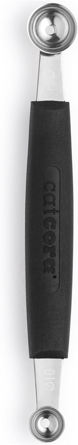 Cat Cora Melon Baller, Professional 18/8 Stainless Steel Dual Blades 10/15-Millimeter for Melon Balls and Garnishes, Ergonomic Soft-Grip Handle