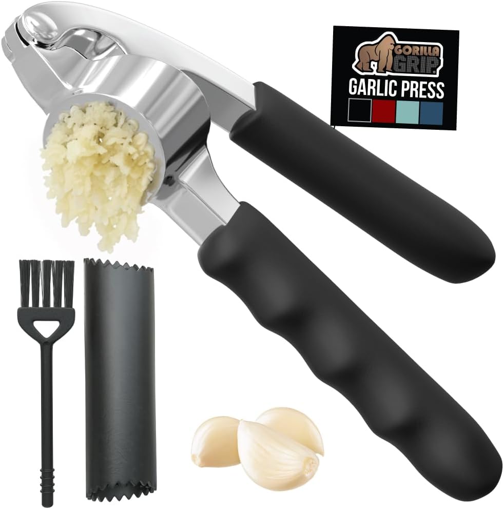 GORILLA GRIP Garlic Press and Peel Set, Heavy Duty Mincer Tool, Large Ergonomic Handle, Easily Mince and Crush Garlics, Ginger, Nuts, Seeds, Peeler Included, Peeling Cloves, Kitchen Gadgets, Red
