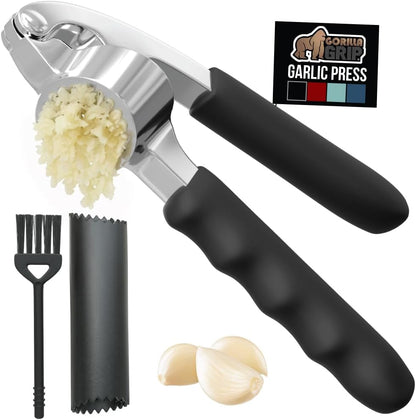 GORILLA GRIP Garlic Press and Peel Set, Heavy Duty Mincer Tool, Large Ergonomic Handle, Easily Mince and Crush Garlics, Ginger, Nuts, Seeds, Peeler Included, Peeling Cloves, Kitchen Gadgets, Red