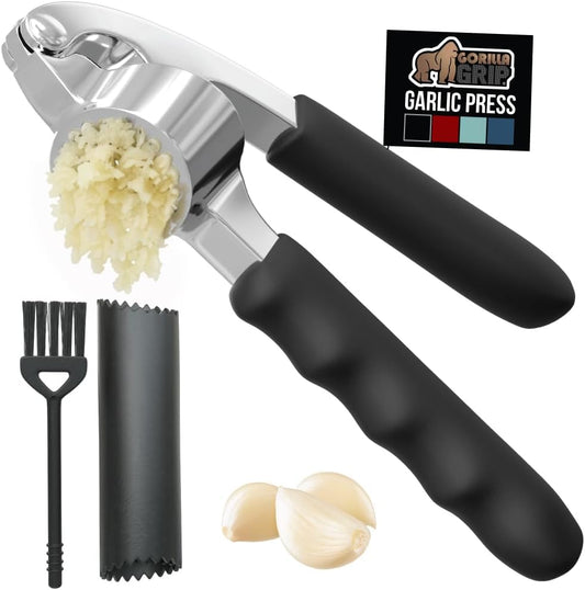GORILLA GRIP Garlic Press and Peel Set, Heavy Duty Mincer Tool, Large Ergonomic Handle, Easily Mince and Crush Garlics, Ginger, Nuts, Seeds, Peeler Included, Peeling Cloves, Kitchen Gadgets, Red