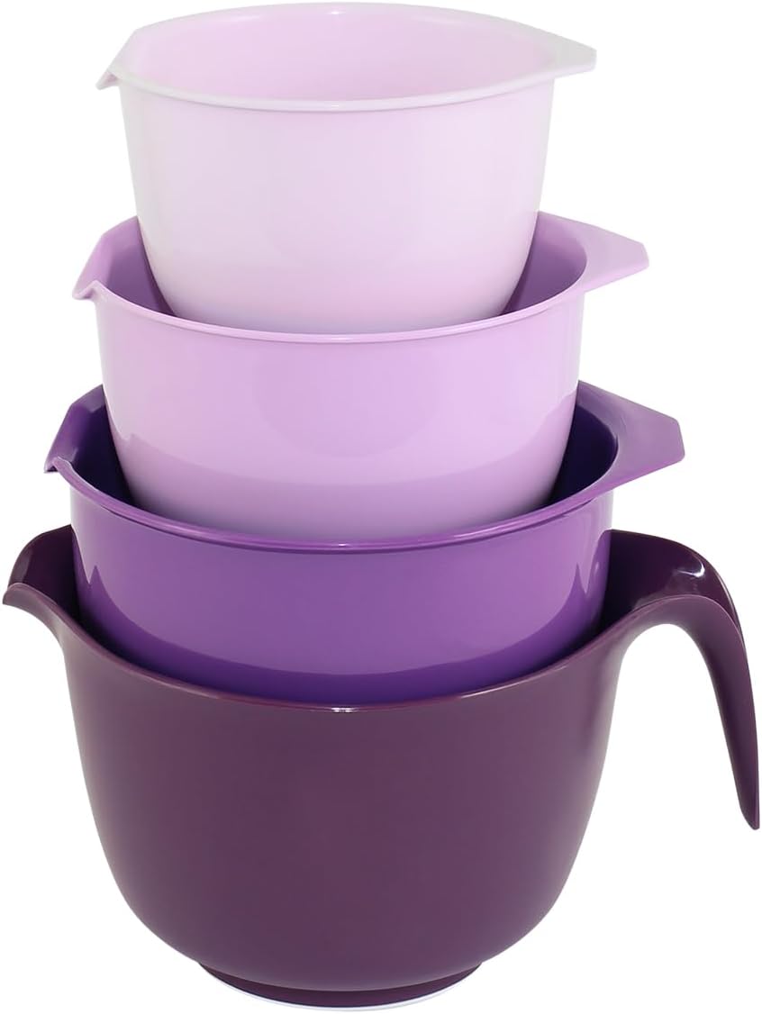 Glad Mixing Bowls with Pour Spout, Set of 4 - Nesting Plastic Bowls (1.2qt, 1.9qt, 2.8qt, and 3qt with Handle) - Non Slip Base, Dishwasher Safe Kitchen Cooking and Baking Supplies, Grey