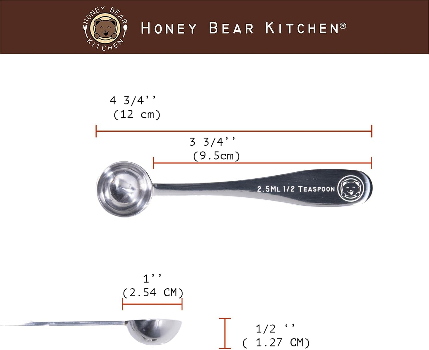 Honey Bear Kitchen 5 ml Teaspoon Measuring Scoop Spoons, Polished Stainless Steel, Set of 2
