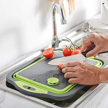 Collapsible Cutting Board with Colander, Foldable Multi-function Kitchen Plastic Silicone Dish Tub, Fruits Vegetables Wash and Drain Sink Storage Basket (Green)