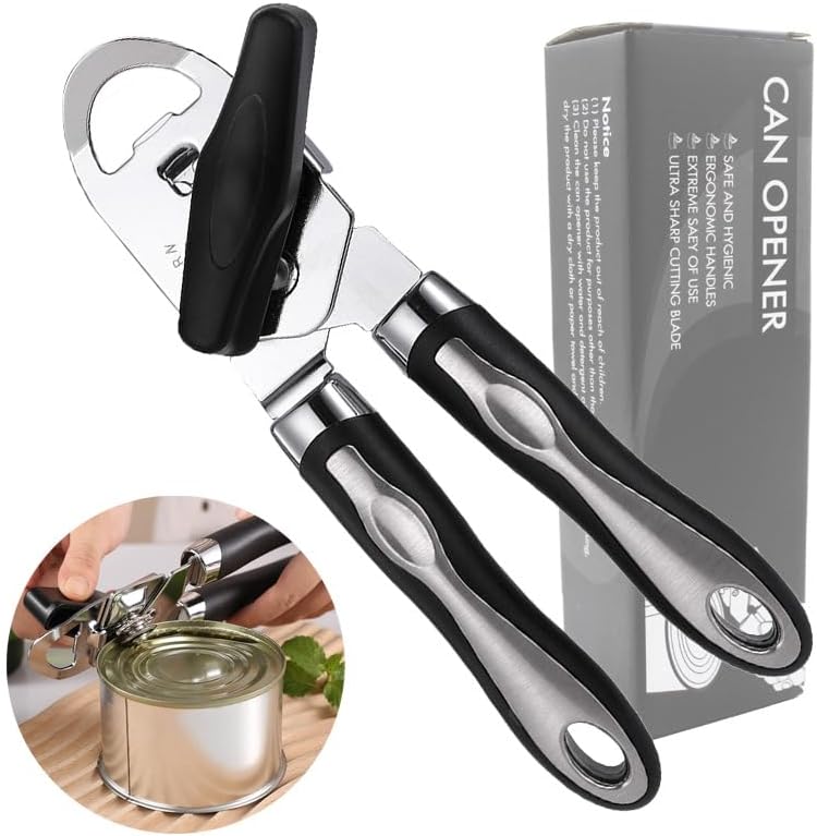 Manual Can Opener, Effortless Operation, Remove Lid with Magnet, 3 in 1 Bottle Opener & Milk Powder Opener, Soft Grip Handles, Easy to Turn, Heavy Duty Can Openers for Seniors - Black