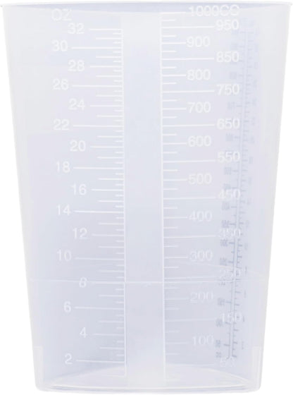 Vakly Plastic Graduated Triangular Intake Output Container [5 Pack] 32 ounce Three-Sided Translucent Laboratory Beaker for Measuring & Mixing - Clear Markings in oz & cc - for Specimen, Paint & Epoxy