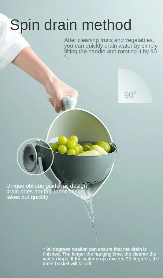 2 in 1 Kitchen Colander Rotating Washing Basket with Handle 2-Qt for Fruits Vegetables Pasta Noodles Washing Basket, BPA Free Plastic, Double-Layer, Detachable