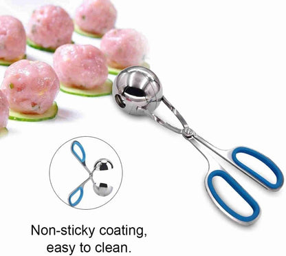 Steel Meatball Maker Tool - 7.5 Inch Food Scoop for Rice Balls, Cookie Dough and Melon Balling, Non-Stick Kitchen Utensil with Drain Holes(Blue)