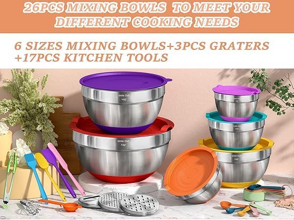 Thickened Heavy-Duty 26pcs Stainless Steel Bowl, Mixing Bowl Set with Lid, Grater Attachment, Non-Slip Bottom and Kitchen Gadget Set, Sizes 7, 4, 2.5, 2.0, 1.5, 1QT, Ideal for Mixing and Serving