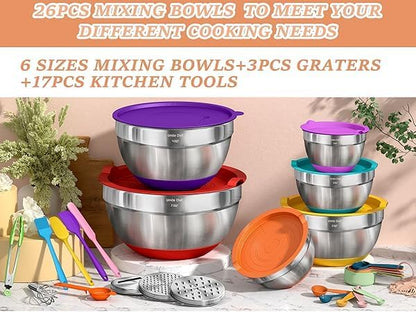 Thickened Heavy-Duty 26pcs Stainless Steel Bowl, Mixing Bowl Set with Lid, Grater Attachment, Non-Slip Bottom and Kitchen Gadget Set, Sizes 7, 4, 2.5, 2.0, 1.5, 1QT, Ideal for Mixing and Serving