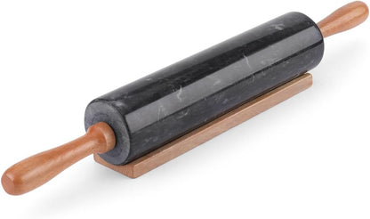 Flexzion Marble Rolling Pin Heavy Nonstick Stone Dough Roller - 10 Inch Polished Barrel with Wooden Handles & Cradle Stand for Baking Pastry Bread Pizza Cookies Pie Crust Pasta Tortillas (White)