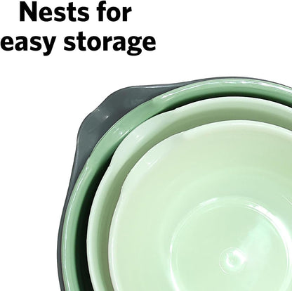 Glad Mixing Bowls with Pour Spout, Set of 4 - Nesting Plastic Bowls (1.2qt, 1.9qt, 2.8qt, and 3qt with Handle) - Non Slip Base, Dishwasher Safe Kitchen Cooking and Baking Supplies, Grey