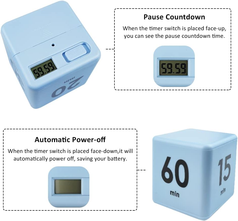 Feilifan Cube Timer, Productivity Cube Rotating Timer for Kitchen Studying Workout Classroom Kids ADHD 1-3-5-10 Minute Preset, White