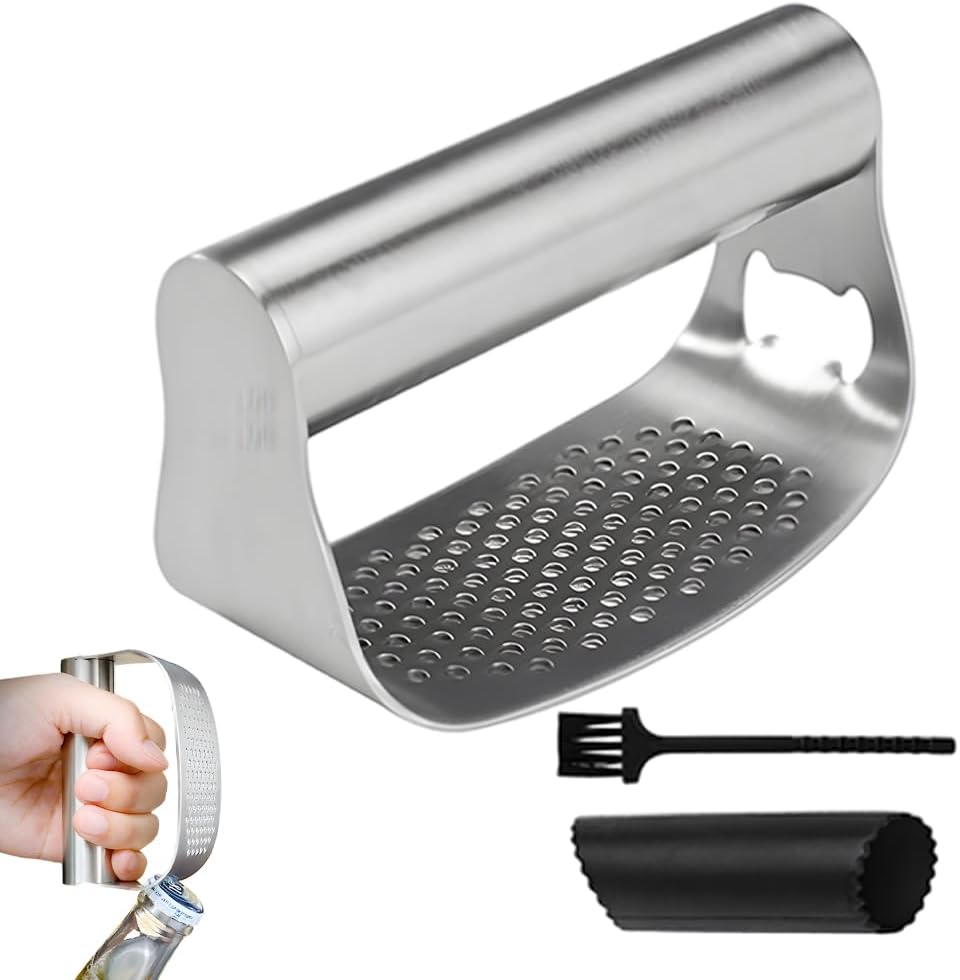 Garlic Press Rocker,Stainless Steel Garlic Presser,Crusher and Chopper,Kitchen Garlic Mincer Tool with Peeler & Cleaning Brush,For Extract Garlic Paste (1PC)