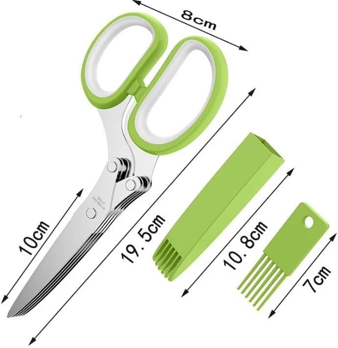 Herb Scissors with 5 Sharp Stainless Steel Blades, for Cutting Chives, Parsley, Basil and more, Includes Cleaning Comb and Safety Cover (Green)